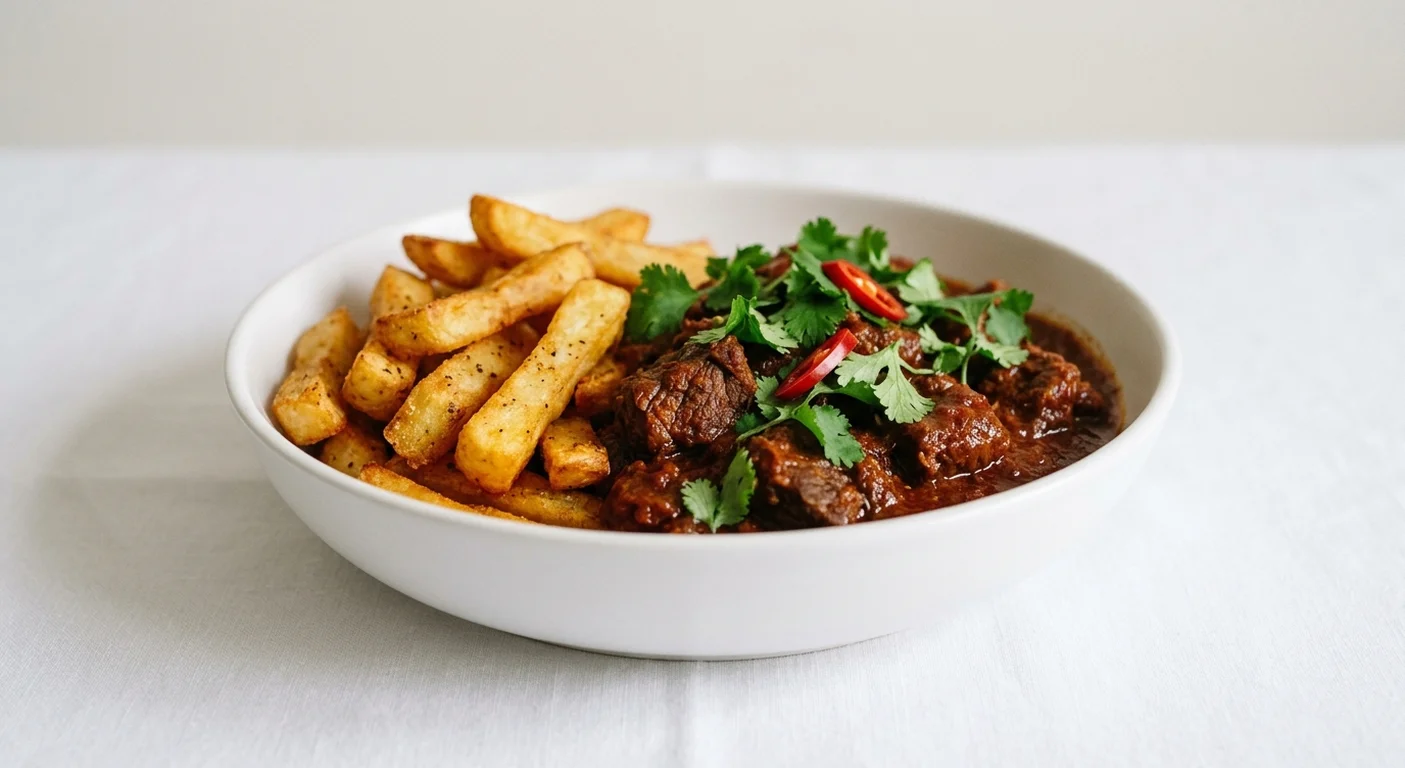 Wetherspoon Simple Beef Madras with Chips, beef madras with chips in a white bowl, nutrition and calories