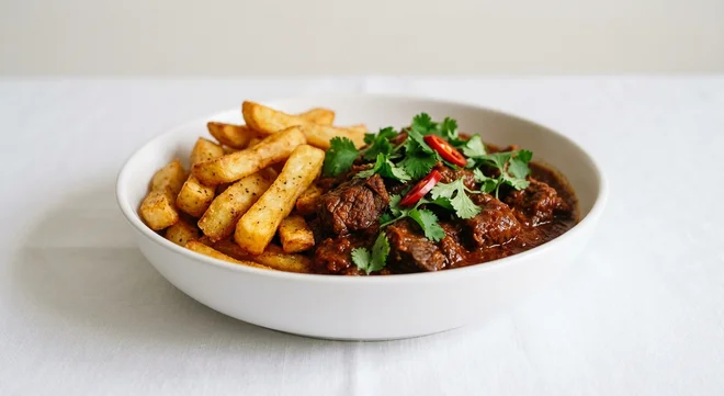 Wetherspoon Simple Beef Madras with Chips, beef madras with chips in a white bowl, nutrition and calories