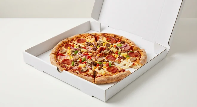 Domino's Full House (Stuffed Crust), whole Stuffed Crust pizza with pepperoni, ham, beef and sausage in a takeaway pizza box, nutrition and calories
