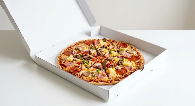 Domino's Full House (Thin & Crispy), whole Thin & Crispy pizza with pepperoni, ham, beef and sausage in a takeaway pizza box, nutrition and calories