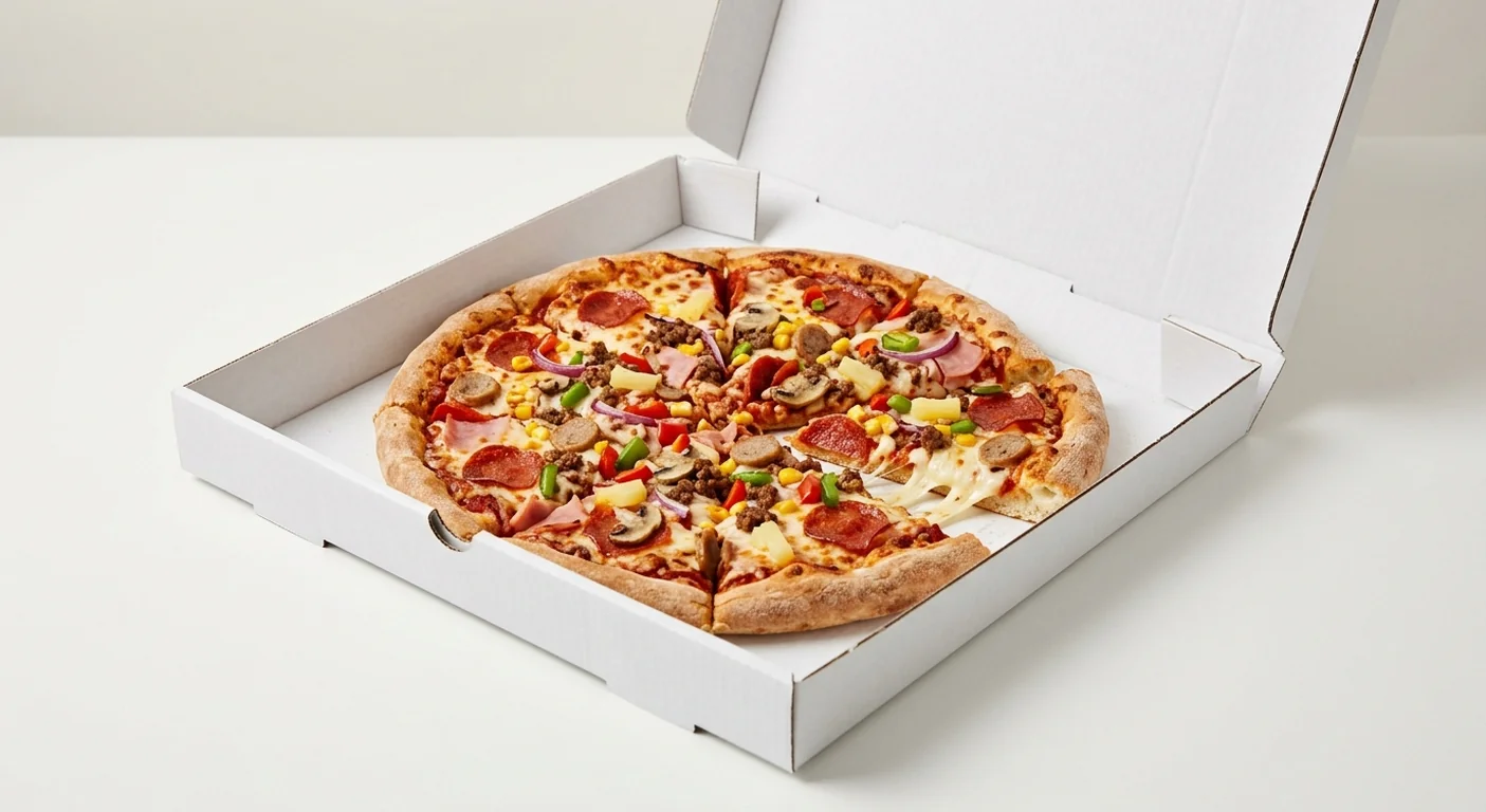 Domino's Full House (Stuffed Crust), whole Stuffed Crust pizza with pepperoni, ham, beef and sausage in a takeaway pizza box, nutrition and calories
