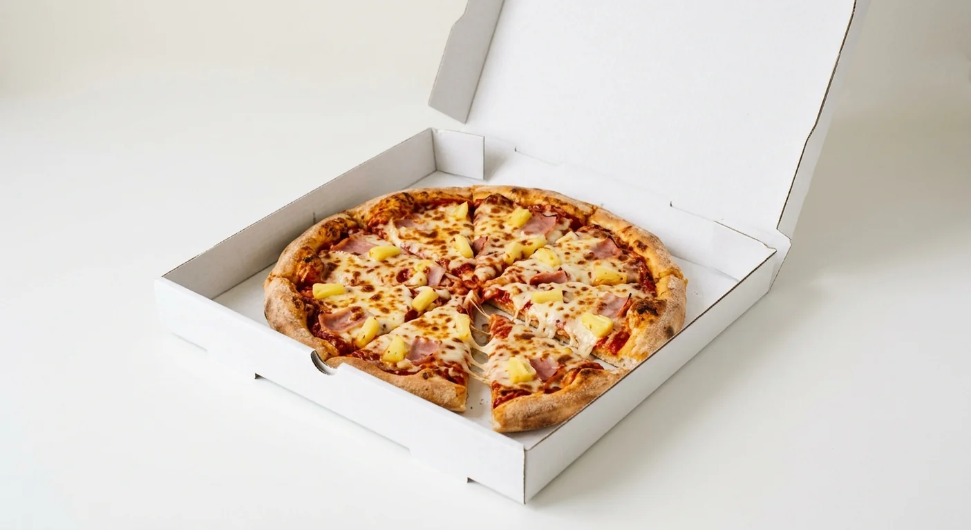 Domino's Ham & Pineapple (Stuffed Crust), whole Stuffed Crust pizza with ham and pineapple in a takeaway pizza box, nutrition and calories