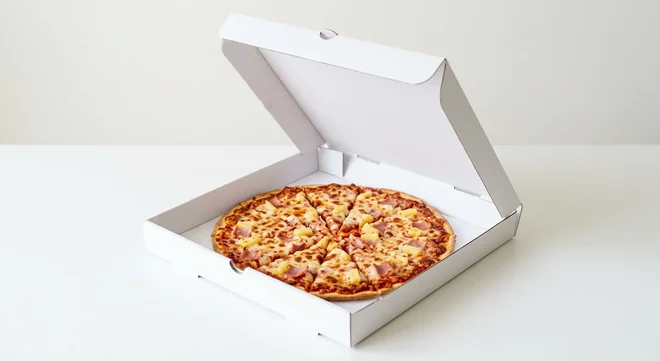 Domino's Ham & Pineapple (Thin & Crispy), whole Thin & Crispy pizza with ham and pineapple in a takeaway pizza box, nutrition and calories