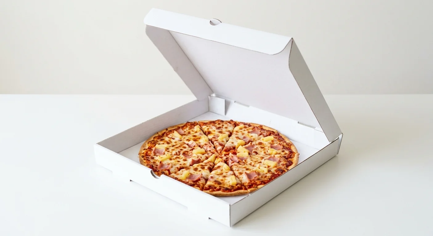 Domino's Ham & Pineapple (Thin & Crispy), whole Thin & Crispy pizza with ham and pineapple in a takeaway pizza box, nutrition and calories