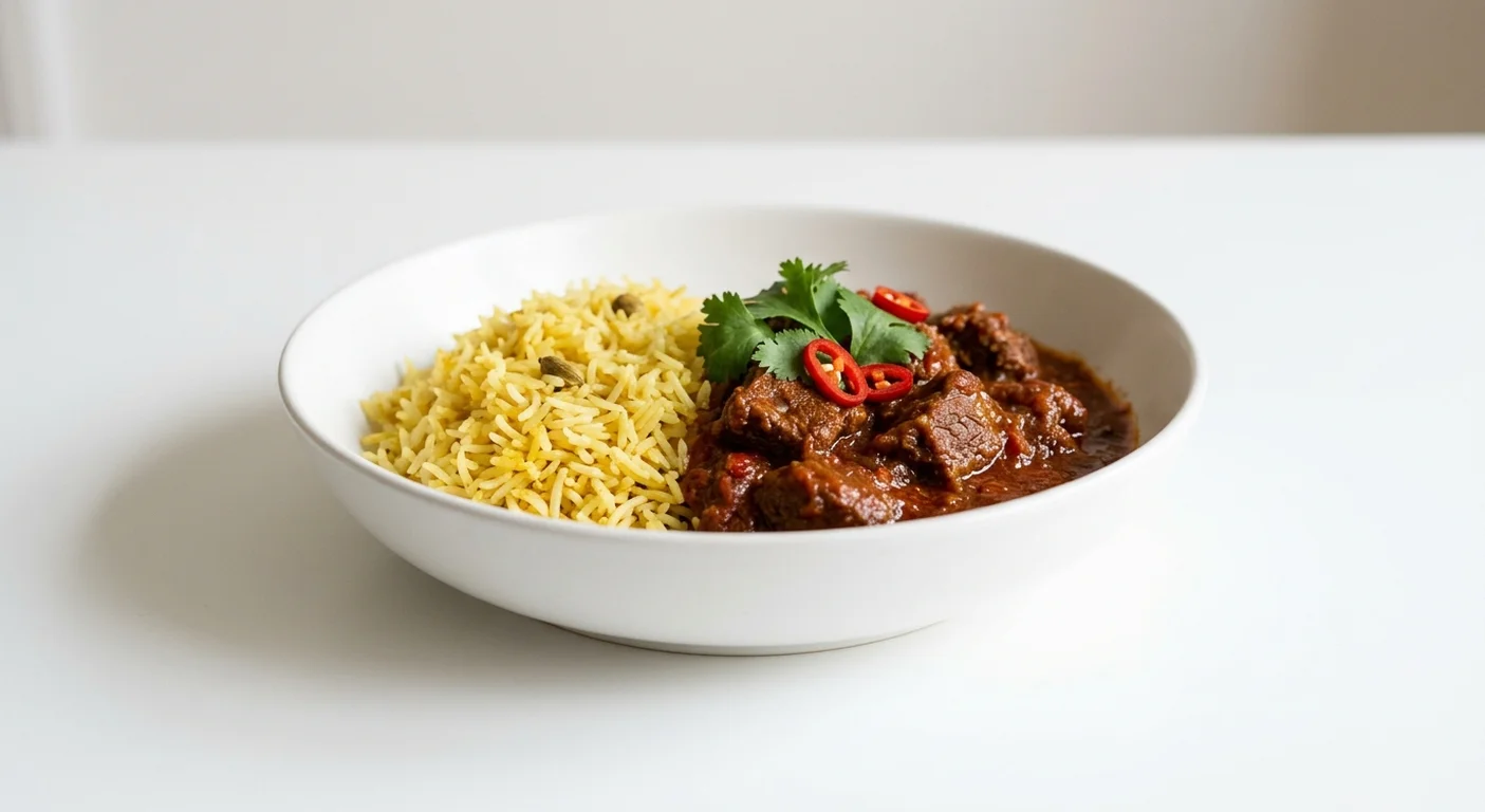 Wetherspoon Simple Beef Madras with Pilau Rice, beef madras with pilau rice in a white bowl, nutrition and calories