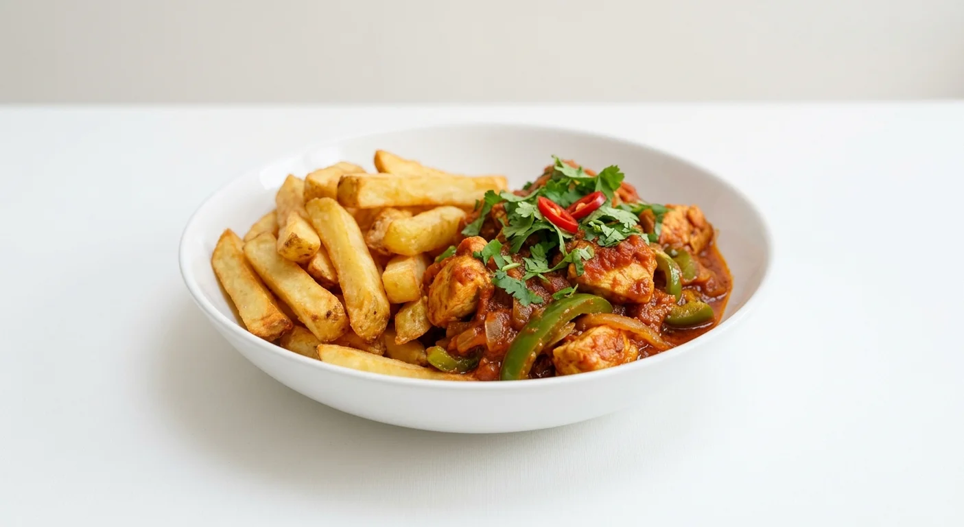 Wetherspoon Simple Chicken Jalfrezi with Chips, chicken jalfrezi with chips in a white bowl, nutrition and calories