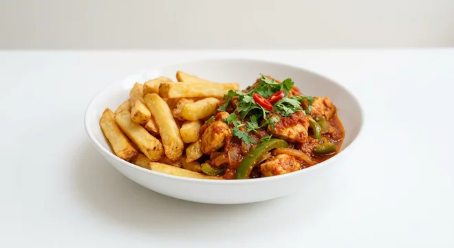 Wetherspoon Simple Chicken Jalfrezi with Chips, chicken jalfrezi with chips in a white bowl, nutrition and calories