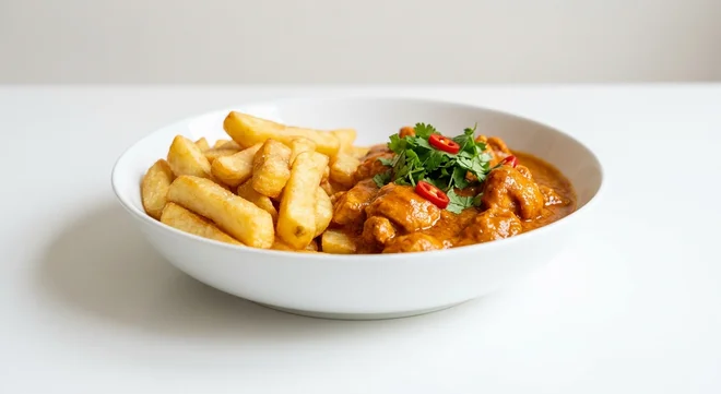 Wetherspoon Simple Chicken Tikka Masala with Chips, chicken tikka masala with chips in a white bowl, nutrition and calories