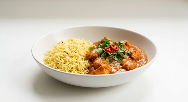 Wetherspoon Simple Chicken Tikka Masala with Pilau Rice, chicken tikka masala with pilau rice in a white bowl, nutrition and calories