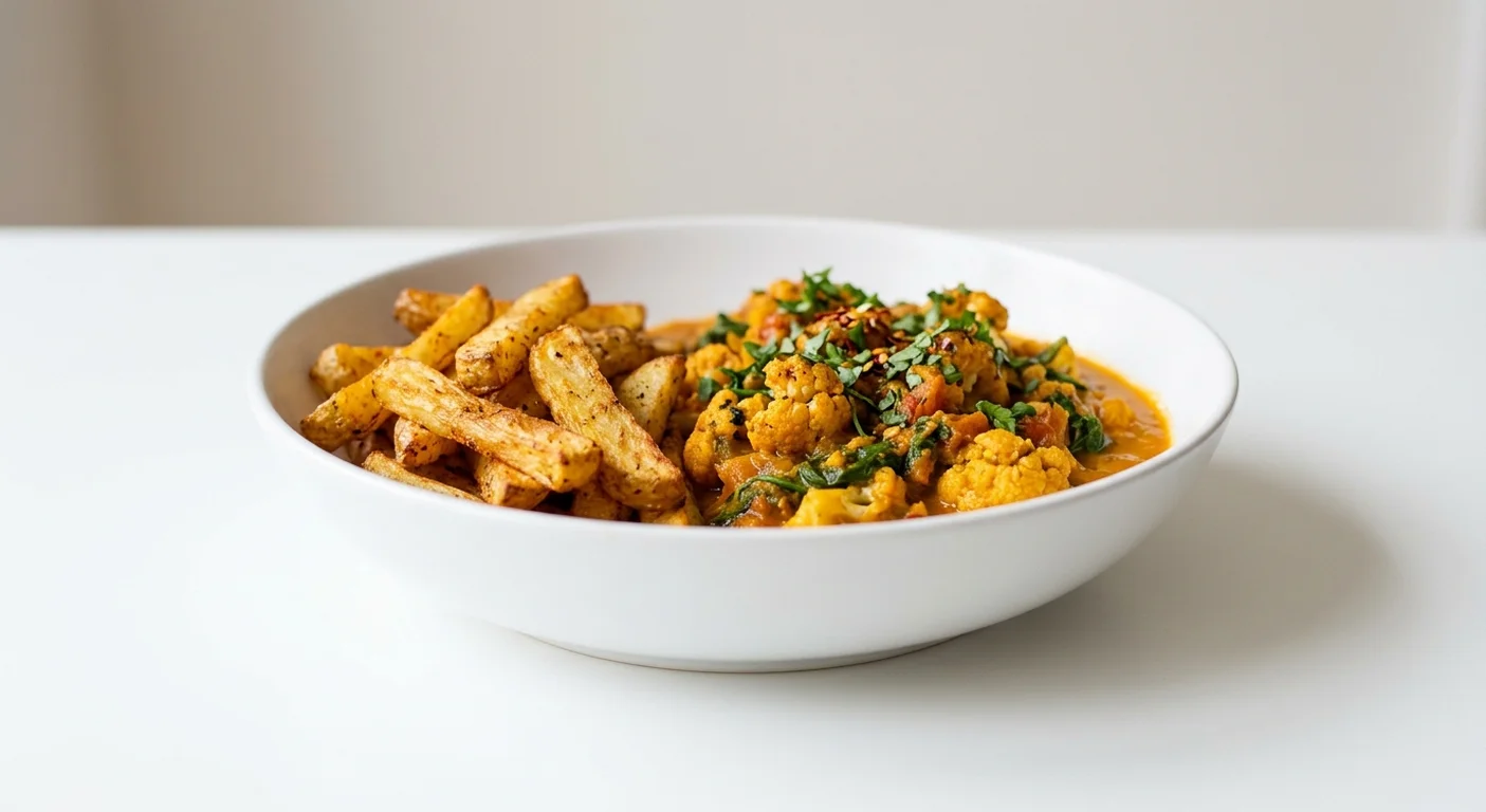 Wetherspoon Simple Mangalorean Cauliflower & Spinach Curry with Chips, roasted cauliflower and spinach curry with chips in a white bowl, nutrition and calories