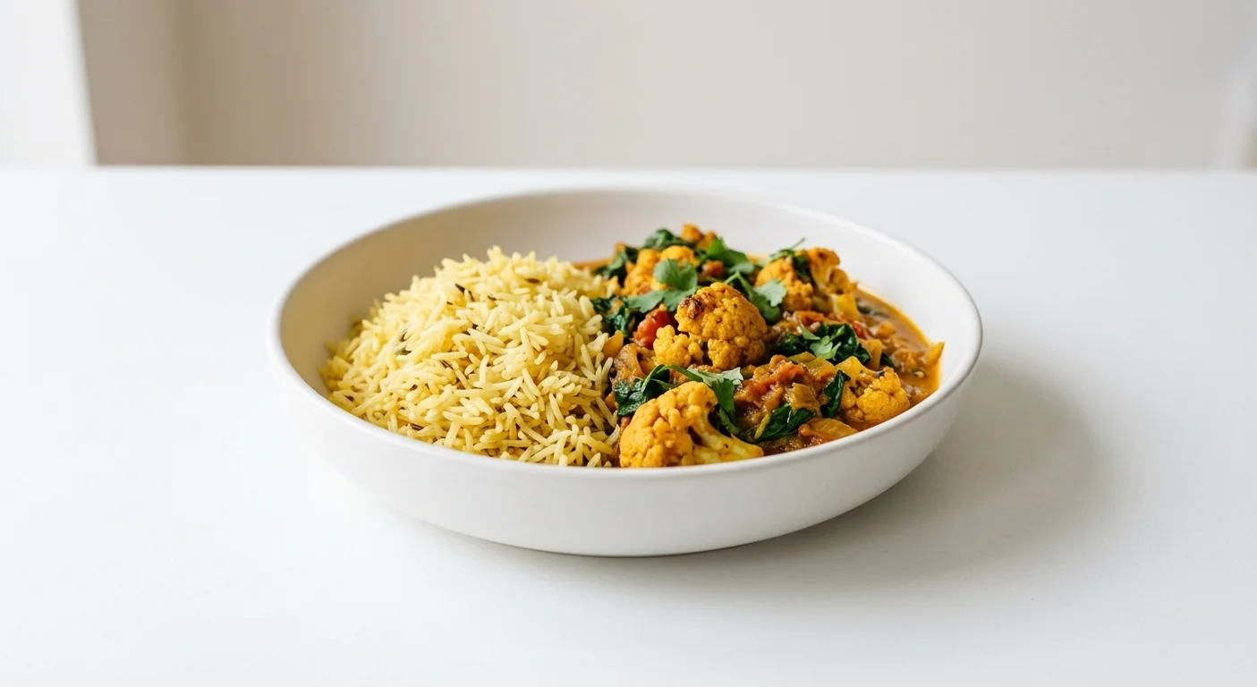 Wetherspoon Simple Mangalorean Cauliflower & Spinach Curry with Pilau Rice, roasted cauliflower and spinach curry with pilau rice in a white bowl, nutrition and calories