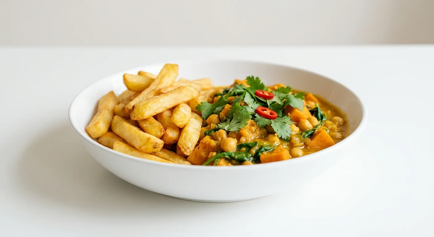 Wetherspoon Simple Sweet Potato, Chickpea & Spinach Curry with Chips, sweet potato, chickpea and spinach curry with chips in a white bowl, nutrition and calories