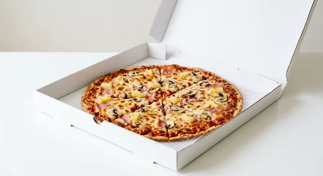Domino's Hawaiian (Thin & Crispy), whole Thin & Crispy pizza with ham, mushrooms and pineapple in a takeaway pizza box, nutrition and calories