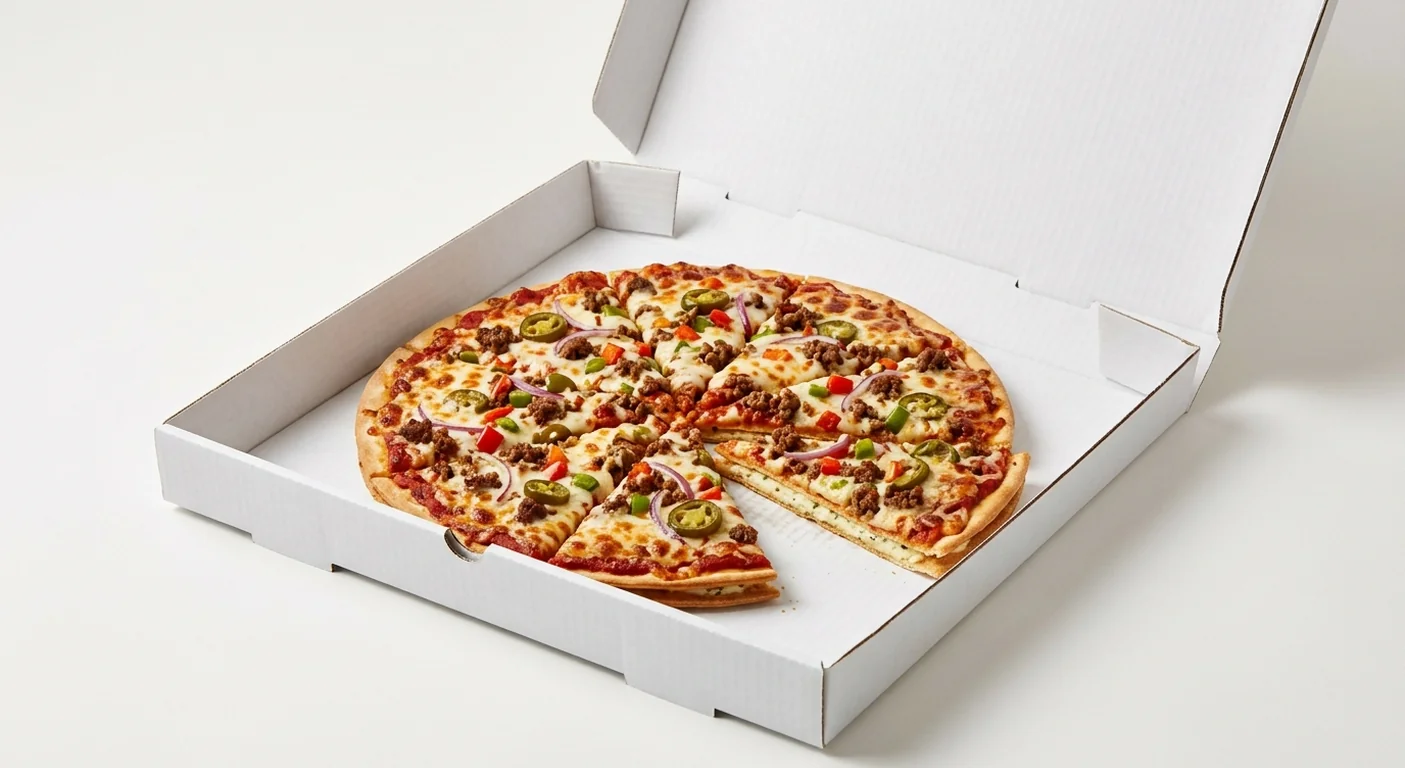Domino's Hot & Spicy (Double Decadence), whole Double Decadence pizza with beef, red onion, peppers and jalapeños in a takeaway pizza box, nutrition and calories