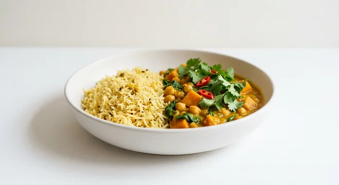 Wetherspoon Simple Sweet Potato, Chickpea & Spinach Curry with Pilau Rice, sweet potato, chickpea and spinach curry with pilau rice in a white bowl, nutrition and calories