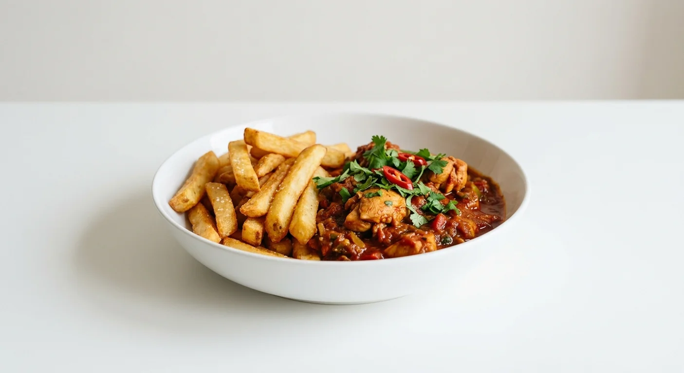 Wetherspoon Simple Welsh Dragon Curry with Chips, Welsh Dragon chicken curry with chips in a white bowl, nutrition and calories