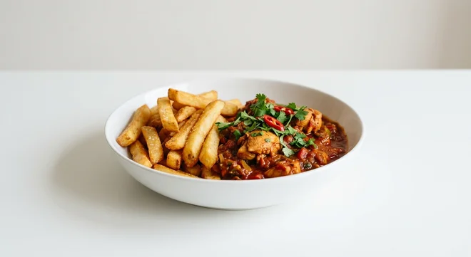 Wetherspoon Simple Welsh Dragon Curry with Chips, Welsh Dragon chicken curry with chips in a white bowl, nutrition and calories