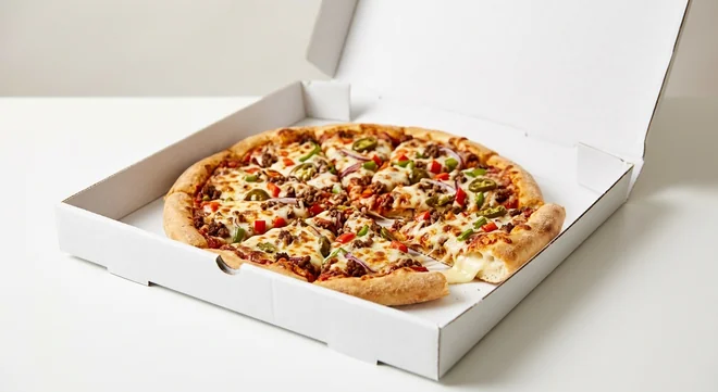 Domino's Hot & Spicy (Stuffed Crust), whole Stuffed Crust pizza with beef, red onion, peppers and jalapeños in a takeaway pizza box, nutrition and calories