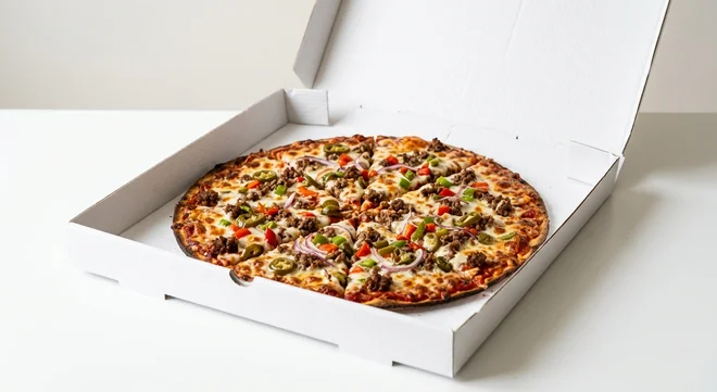 Domino's Hot & Spicy (Thin & Crispy), whole Thin & Crispy pizza with beef, red onion, peppers and jalapeños in a takeaway pizza box, nutrition and calories