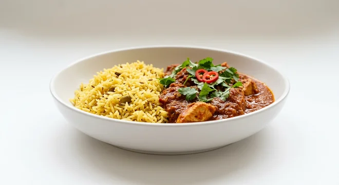 Wetherspoon Simple Welsh Dragon Curry with Rice, Welsh Dragon chicken curry with pilau rice in a white bowl, nutrition and calories