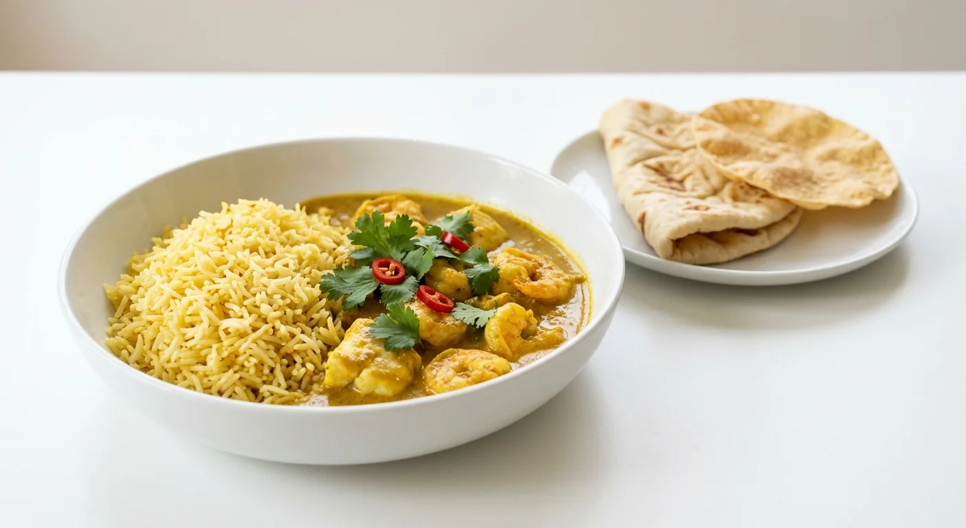 Wetherspoon Sri-Lankan Prawn & Fish Curry, Sri Lankan prawn and white fish curry and pilau rice in a white bowl with naan and poppadom, nutrition and calories