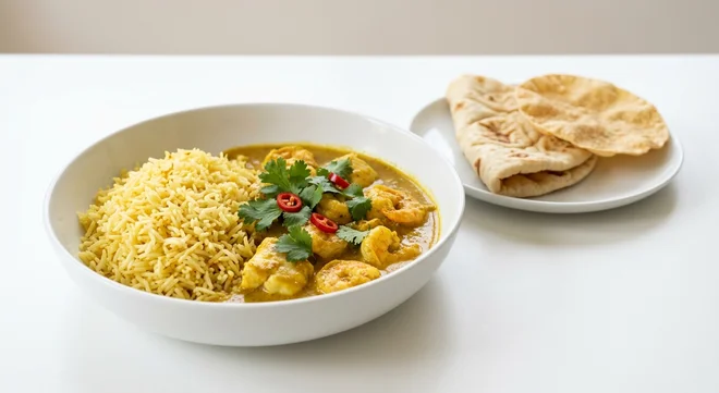 Wetherspoon Sri-Lankan Prawn & Fish Curry, Sri Lankan prawn and white fish curry and pilau rice in a white bowl with naan and poppadom, nutrition and calories