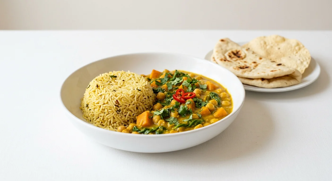 Wetherspoon Sweet Potato, Chickpea & Spinach Curry, sweet potato, chickpea and spinach curry and pilau rice in a white bowl with naan and poppadom, nutrition and calories