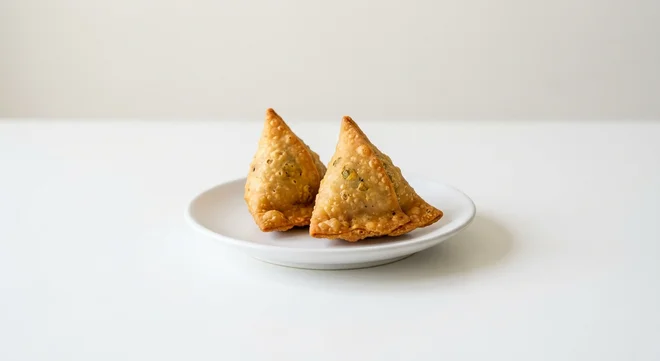 Wetherspoon Two Vegetable Samosas, two vegetable samosas on a white plate, nutrition and calories