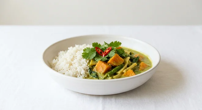 Wetherspoon Thai Green Sweet Potato Curry, green Thai sweet potato curry with coconut rice in a white bowl, nutrition and calories