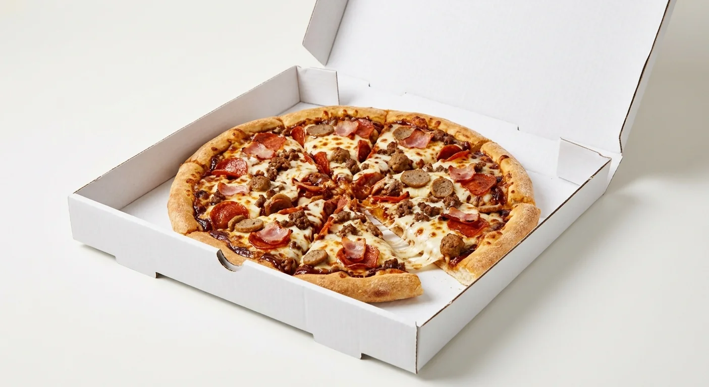 Domino's Meateor (Stuffed Crust), whole Stuffed Crust pizza with BBQ sauce, pepperoni, bacon and beef in a takeaway pizza box, nutrition and calories