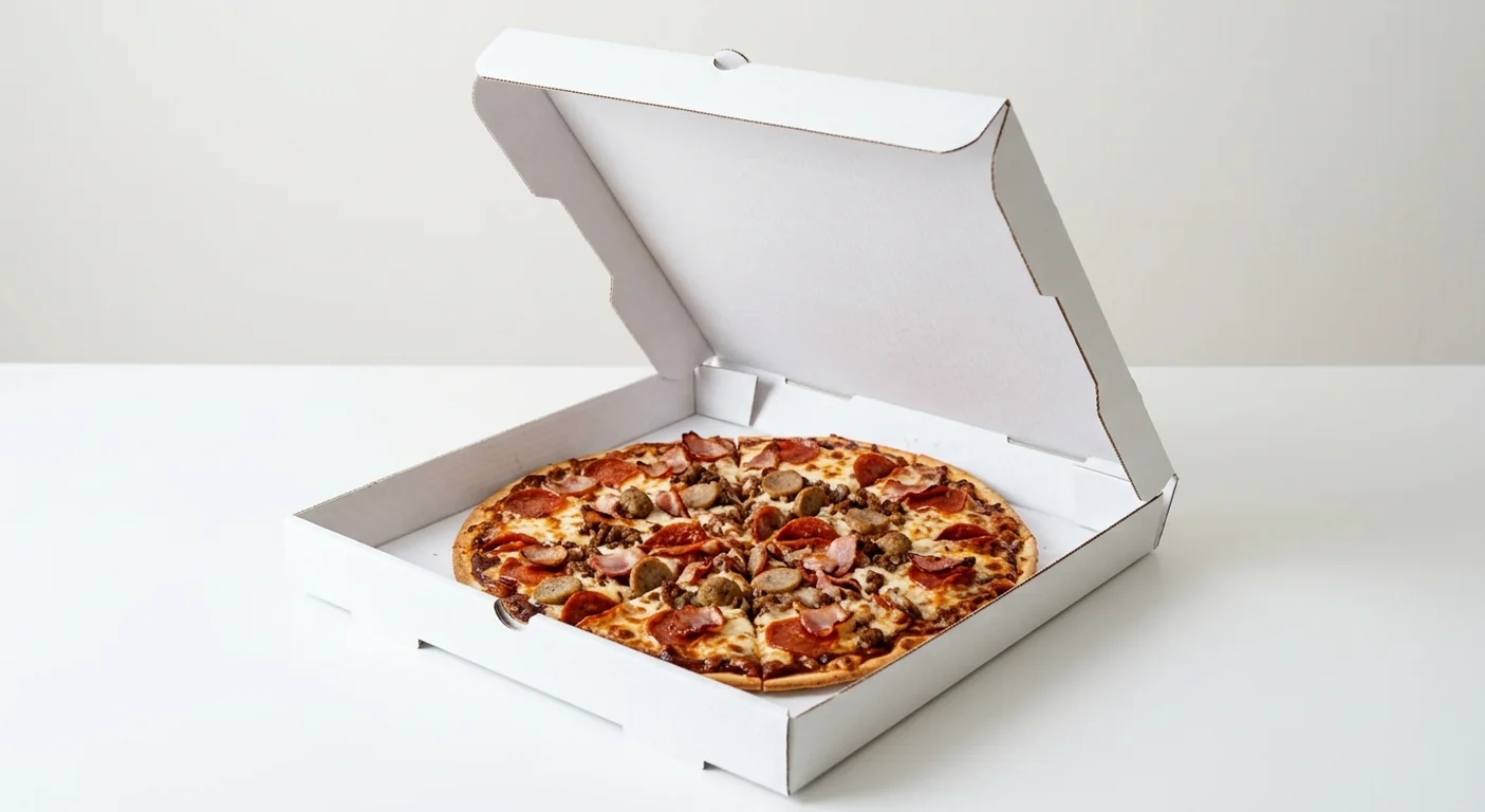 Domino's Meateor (Thin & Crispy), whole Thin & Crispy pizza with BBQ sauce, pepperoni, bacon and beef in a takeaway pizza box, nutrition and calories