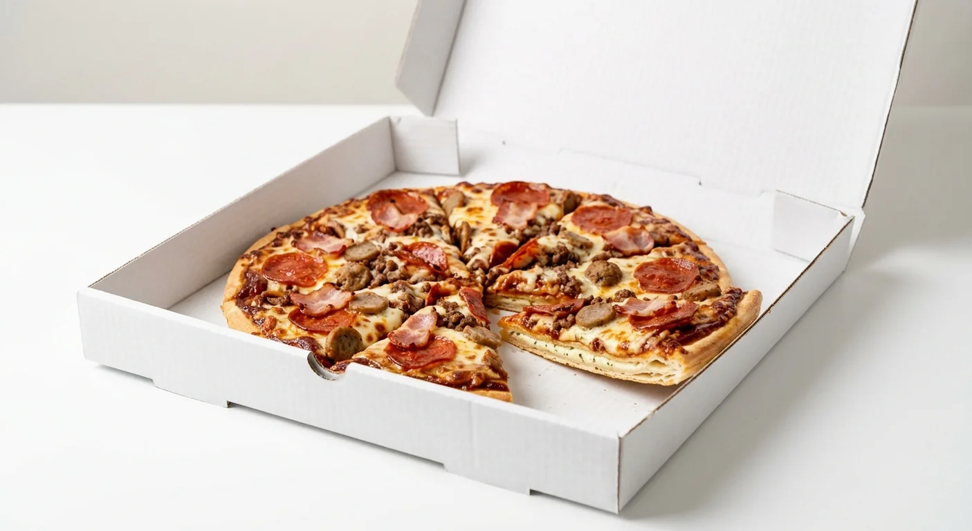 Domino's Meateor (Double Decadence), whole Double Decadence pizza with BBQ sauce, pepperoni, bacon and beef in a takeaway pizza box, nutrition and calories