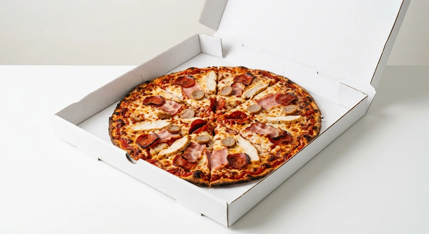 Domino's Meatilicious (Thin & Crispy), whole Thin & Crispy pizza with pepperoni, bacon, ham and sausage in a takeaway pizza box, nutrition and calories