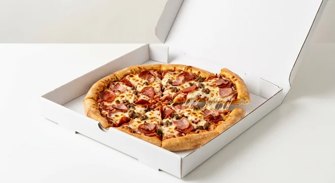 Domino's Meat Lovers (Stuffed Crust), whole Stuffed Crust pizza with pepperoni, bacon, ham and beef in a takeaway pizza box, nutrition and calories