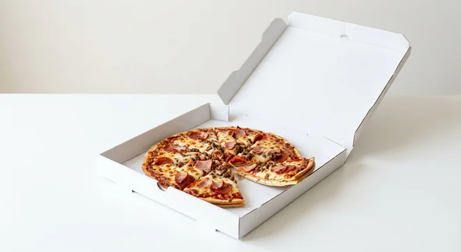 Domino's Meat Lovers (Double Decadence), whole Double Decadence pizza with pepperoni, bacon, ham and beef in a takeaway pizza box, nutrition and calories