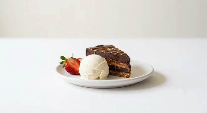 Wetherspoon Chocolate & Salted Caramel Torte with Ice Cream, chocolate and salted caramel torte with a scoop of ice cream and a strawberry on a white plate, nutrition and calories