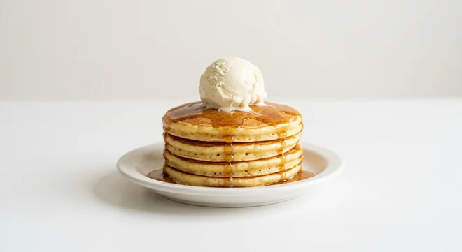Wetherspoon American-Style Pancakes with Ice Cream, four American-style pancakes with maple syrup and a scoop of vanilla ice cream on a white plate, nutrition and calories