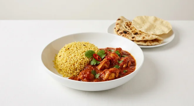 Wetherspoon Welsh Dragon Curry, Welsh Dragon chicken curry and pilau rice in a white bowl with naan and poppadom, nutrition and calories