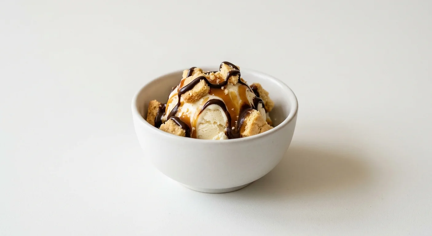 Wetherspoon Millionaire's Shortbread, vanilla ice cream with shortbread, toffee and chocolate sauce in a white bowl, nutrition and calories