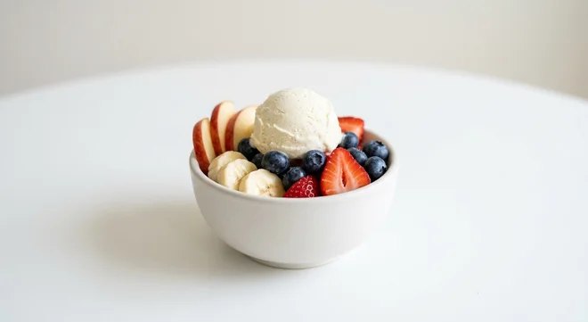 Wetherspoon Fresh Fruit with Vanilla Ice Cream, fresh fruit with a scoop of vanilla ice cream in a white bowl, nutrition and calories