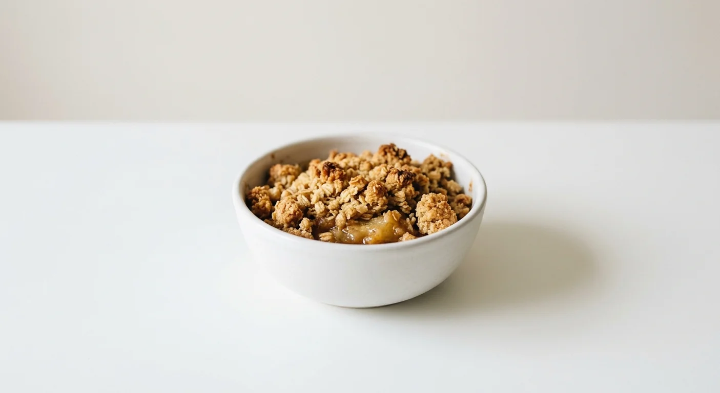 Wetherspoon British Bramley Apple Crumble, warm Bramley apple crumble in a white bowl, nutrition and calories
