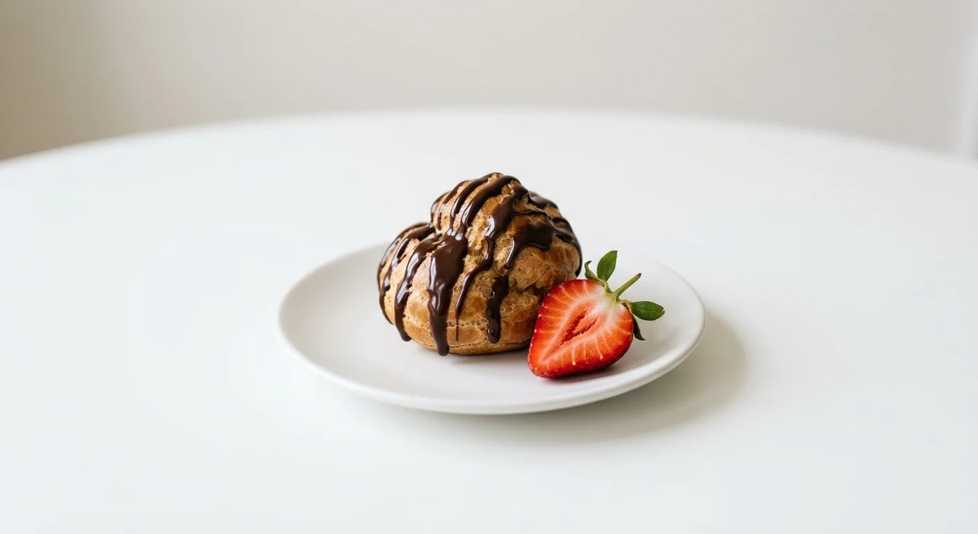 Wetherspoon Giant Profiterole, giant profiterole with chocolate sauce and a strawberry on a white plate, nutrition and calories
