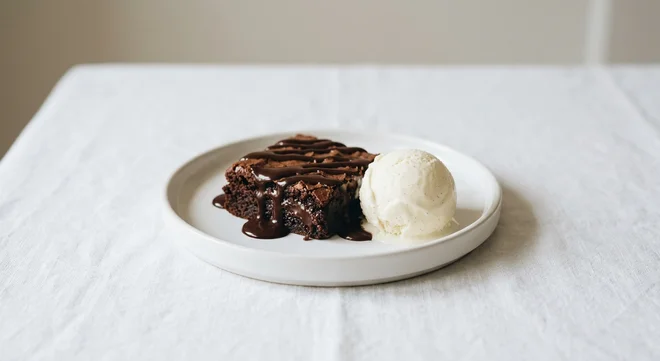 Wetherspoon Warm Chocolate Brownie with Ice Cream, warm chocolate brownie with chocolate sauce and a scoop of vanilla ice cream on a white plate, nutrition and calories