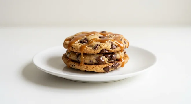 Wetherspoon Mini Warm Cookie Dough Sandwich, warm cookie dough sandwich with toffee sauce on a white plate, nutrition and calories