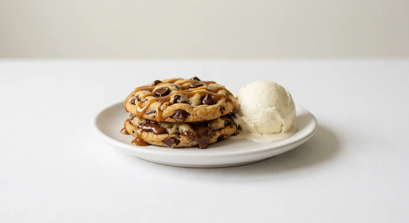 Wetherspoon Mini Warm Cookie Dough Sandwich with Ice Cream, warm cookie dough sandwich with toffee sauce and a scoop of vanilla ice cream on a white plate, nutrition and calories