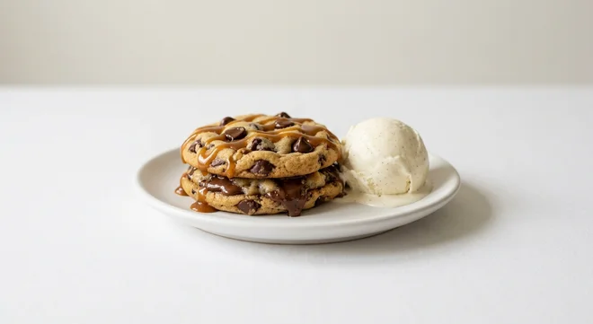 Wetherspoon Warm Cookie Dough Sandwich with Ice Cream, warm cookie dough sandwich with toffee sauce and a scoop of vanilla ice cream on a white plate, nutrition and calories