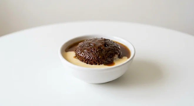Wetherspoon Salted Caramel Sticky Toffee Pudding with Custard, sticky toffee pudding with toffee sauce and custard in a white bowl, nutrition and calories