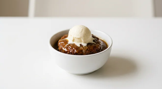 Wetherspoon Salted Caramel Sticky Toffee Pudding with Ice Cream, sticky toffee pudding with toffee sauce and a scoop of vanilla ice cream in a white bowl, nutrition and calories