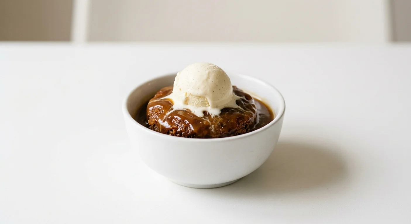Wetherspoon Salted Caramel Sticky Toffee Pudding with Ice Cream, sticky toffee pudding with toffee sauce and a scoop of vanilla ice cream in a white bowl, nutrition and calories