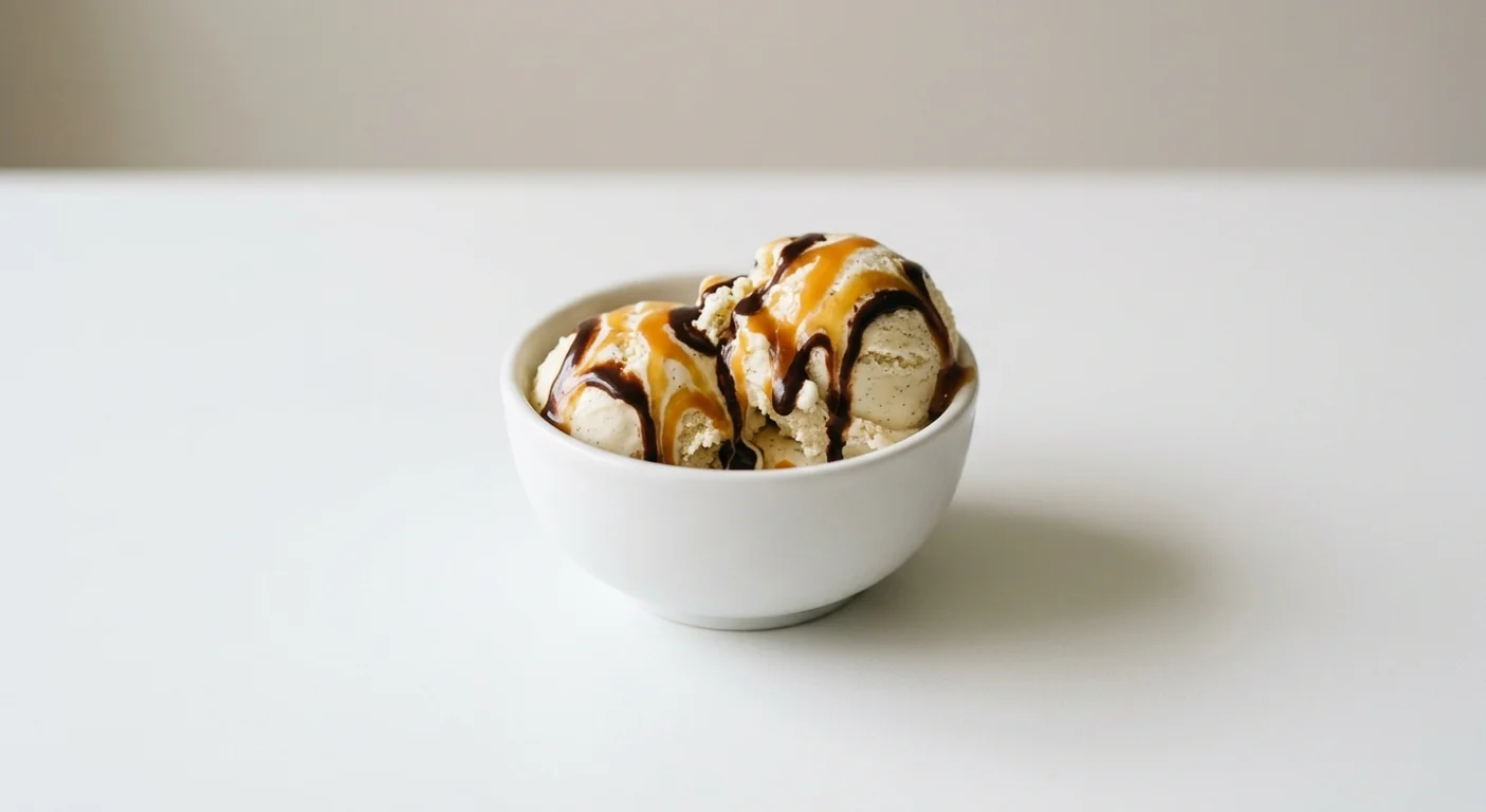 Wetherspoon Vanilla Ice Cream with Toffee and Chocolate Sauce, two scoops of vanilla ice cream with toffee and chocolate sauce in a white bowl, nutrition and calories